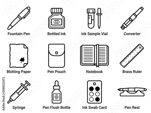 Fountain Pen Stationery and Maintenance Icon Set