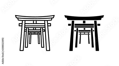Quadro su tela Japanese Torii Gate Icons, Traditional Shrine Entrance, Black and White Vector A