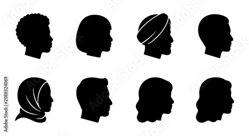 Tableau sur toile Diverse Human Head Silhouettes, Multicultural Profiles Collection, People Icons