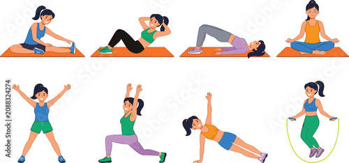 Fotografie Fitness workout and yoga exercise illustration set with women doing home trainin