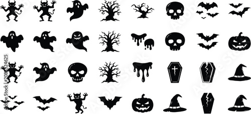 Cuadro en lienzo Halloween black silhouette element collection with creepy devils ghosts spooky t