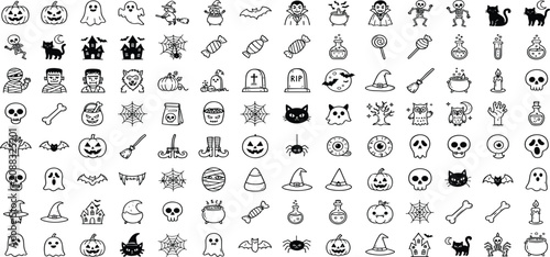 Foto Halloween line art black outline icon mega set with cute pumpkins monsters ghost