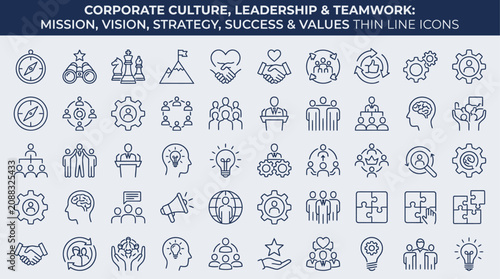 Professional corporate culture icon set representing leadership, teamwork, strategic mission, vision, business growth, success, collaboration, management, organizational development, and goals.
