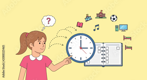 Young woman analyzing time management and productivity tools.