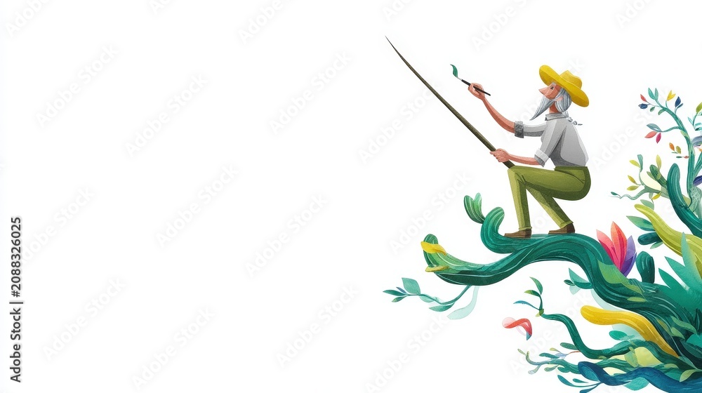 Fototapeta premium Man Sitting on Tree Branch Fishing with Rod Under Wide Straw Hat Surrounded by Leaves