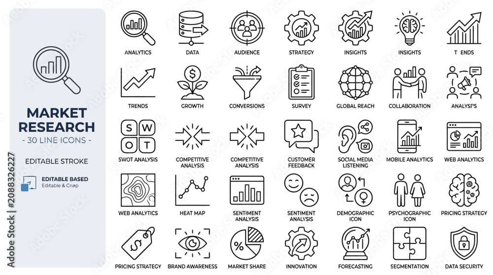 Naklejka premium Professional Market Research Icon Set Featuring Analytics Chart Data Visualization Audience Strategy Business Insight Trend Corporate Growth Vector Graphics Design Elements