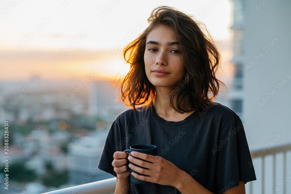 Fototapeta premium Young woman with a cup on a balcony at sunset for lifestyle background and evening routine banner with warm city skyline glow