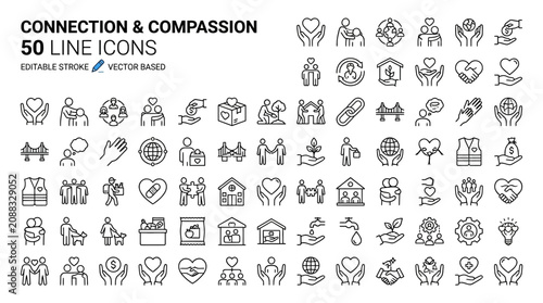 Set of Compassion and Connection Icons Featuring Minimalist Thin Line Vector Graphic Designs for Teamwork Social Support Community Care and Human Relationships with Editable Stroke Capability