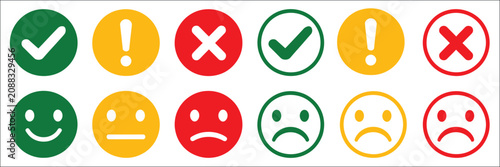 Check mark icons with approval, rejection, warning, emoji reactions, and round feedback buttons for user interface elements, vector, designs