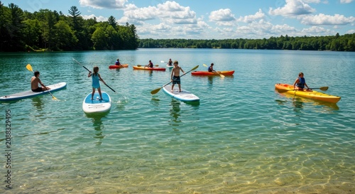Diverse Group Enjoys Paddleboarding and Kayaking on a Sunny Lake