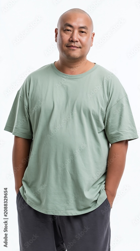 Obraz premium Casual asian man in green tee standing with hands in pockets on white background for lifestyle banner and portrait design