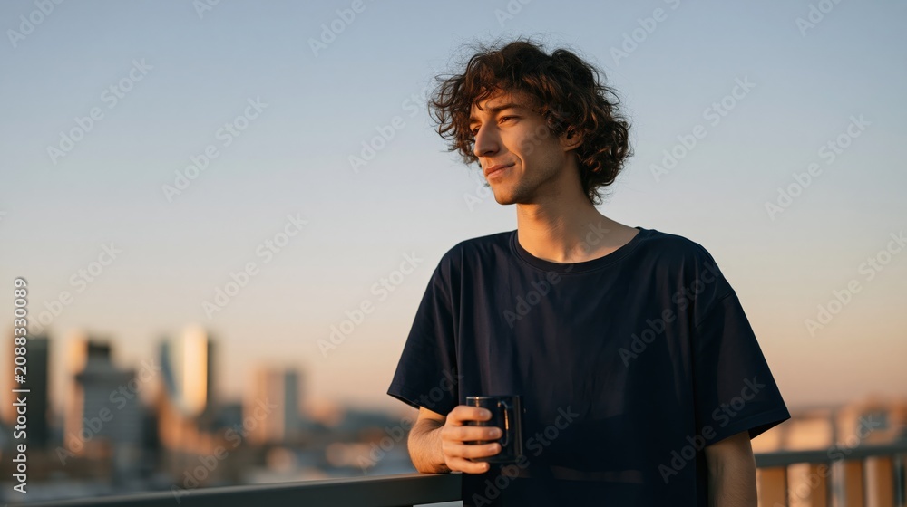 Fototapeta premium Young man standing on rooftop with a coffee mug at sunset overlooking urban skyline for lifestyle background and banner design