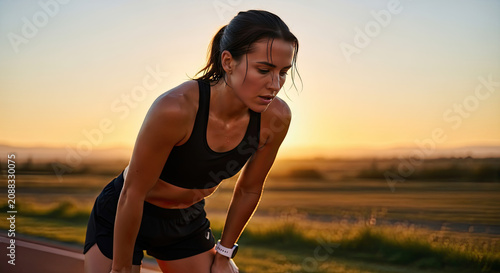 Tired female runner resting on track during golden hour sunset workout session outdoors