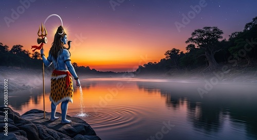 A serene spiritual figure with blue skin stands by a mystical river at dawn, performing an ancient ritual of offering, symbolizing devotion and harmony with nature