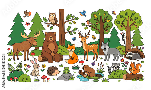 Photography Forest scene with many wild animals cute woodland wildlife flat vector illustrat