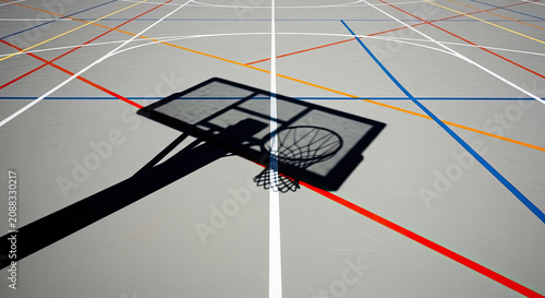 Shadow of a Basketball Hoop on a Multicolored Gymnasium Court Floor High Angle View