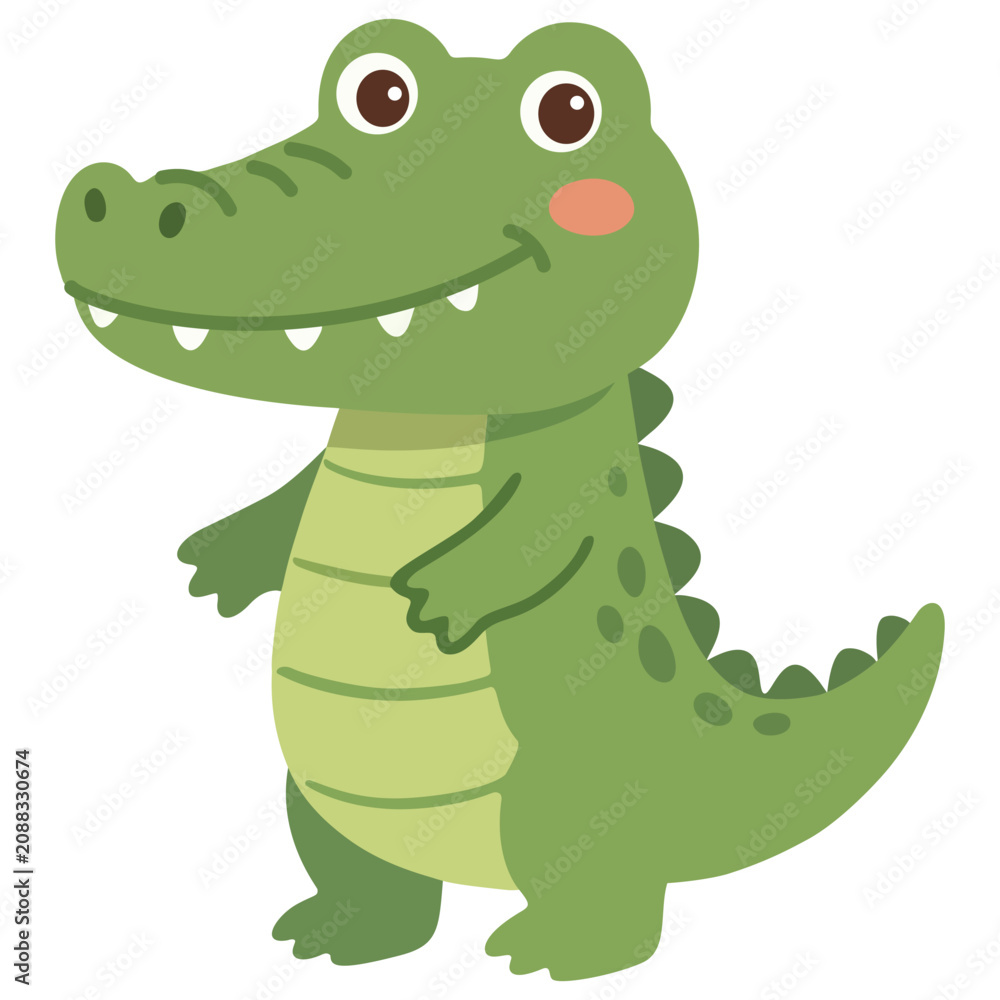 Fototapeta premium Cute cartoon crocodile illustration kawaii green alligator character standing vector jungle reptile wildlife asset transparent isolated children story book flat design lineless digital drawing swamp