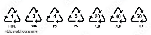 Plastic recycle icons with PET, HDPE, PVC, LDPE, and PP recycling symbols for packaging, waste management, and sustainability, vector, designs