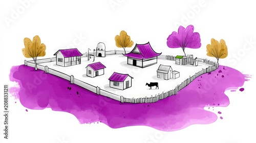 Artistic Illustration of a Quiet Farm with Colorful Trees and Fences