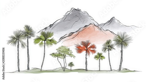 Scenic landscape with colorful trees and mountain range skyline for nature or travel background