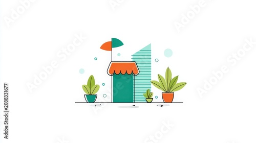 Modern small storefront with vibrant awning, surrounded by potted plants and minimalist design elements