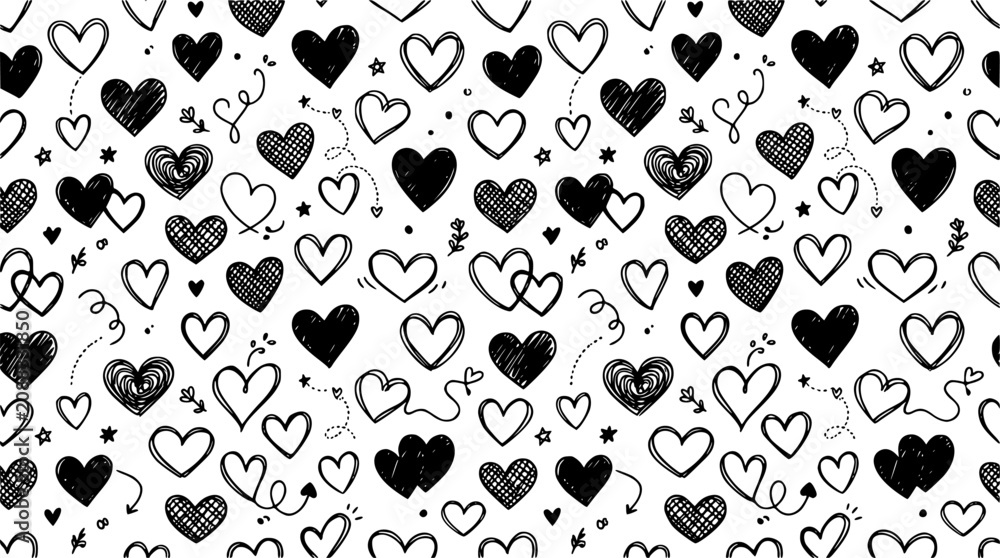 Fototapeta premium Sketch hearts pattern. Hand drawn valentines love heart ornament for wrapping paper, anniversary greeting cards, black ink romance hearts vector seamless background. romantic print wallpaper texture