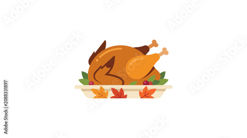 Roasted Turkey Dinner on Platter with Fall Leaves and Berries - Thanksgiving Food