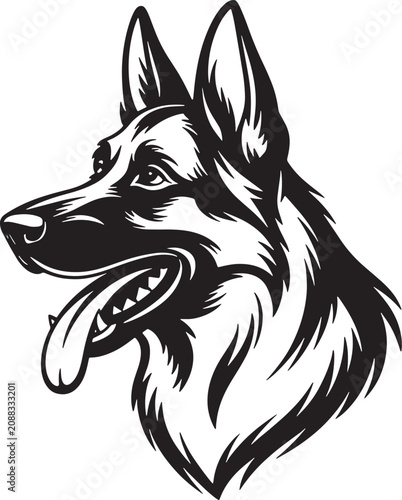 German Shepherd Dog Head Vector Illustration Black and White