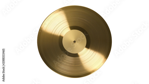 Shiny golden vinyl record with concentric grooves, isolated on transparent background