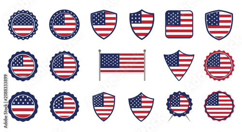 Collection of American National Flag Symbols in Circular and Shield Shapes for Patriotic Design Projects