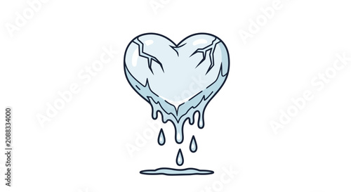 Melting frozen heart vector illustration of cracked ice dripping water symbolizing heartbreak and fading cold emotions
