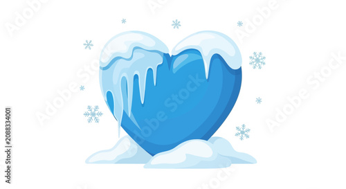 Blue heart covered in snow and ice with snowflakes, symbolizing coldness or emotional distance