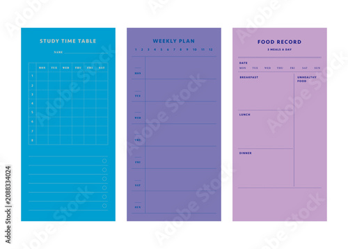 3 set study time table, weekly plan, food record planner. Start today!	
