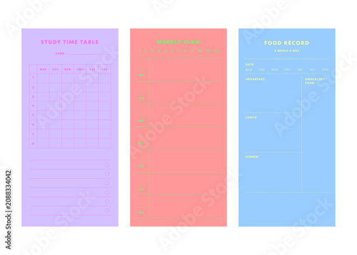 3 set study time table, weekly plan, food record planner. Start today!	

