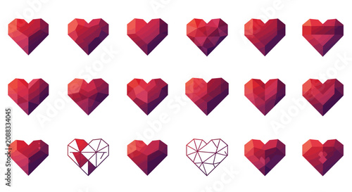 Set of low poly geometric hearts in various red gradients isolated on white background