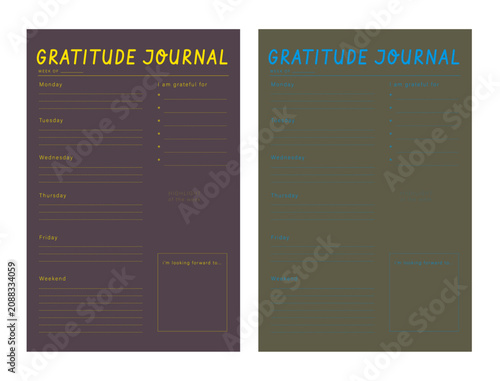 Gratitude Journal planner. (Happiness) Minimalist planner template set. Vector illustration.	