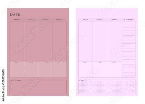 Week Planner. Minimalist planner template set. Vector illustration.	