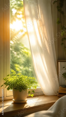 A cozy mobile wallpaper of a warm morning sun shining through a sheer white curtain