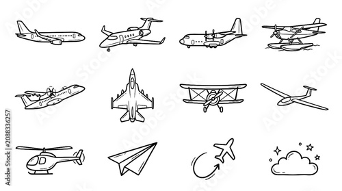 Cuadro en lienzo Hand Drawn Sketch Airplane Vector Icon Set Featuring Aircraft Jetliners Paper Pl