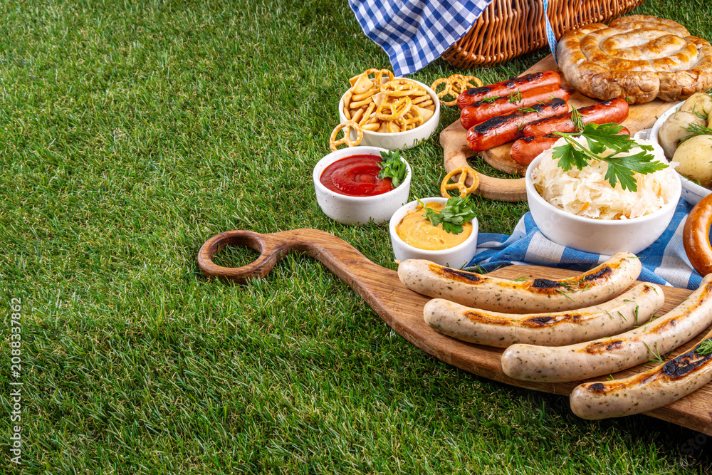 Fototapeta premium Oktoberfest picnic and barbecue food, bavarian party menu, bavarian sausages, pretzels, potato, sauerkraut, beer bottles, with picnic basket, checkered napkin tablecloth, Oktoberfest festive ribbon