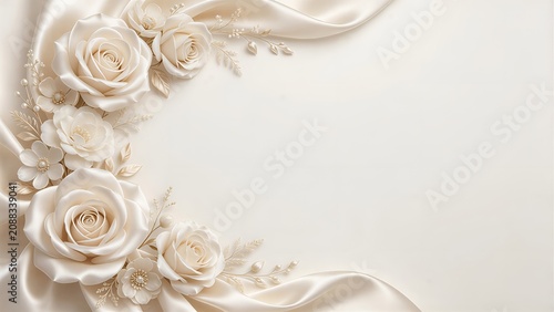 Luxury floral border graphic with graceful ivory satin rose flowers and blossoms, delicate stems and leaves, flowing ivory silk fabric drapery, creamy off-white background, elegant botanical design