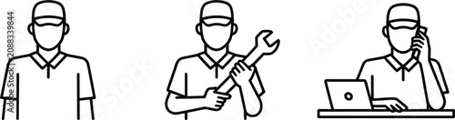 Outline Icons of a Worker with a Wrench, a Man on the Phone, and a Man with a Laptop Keywords: worker, icon, outline, man, wrench