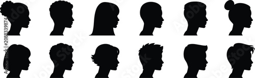Foto Black Silhouette Profile Heads of Diverse Men and Women with Varied Hairstyles K
