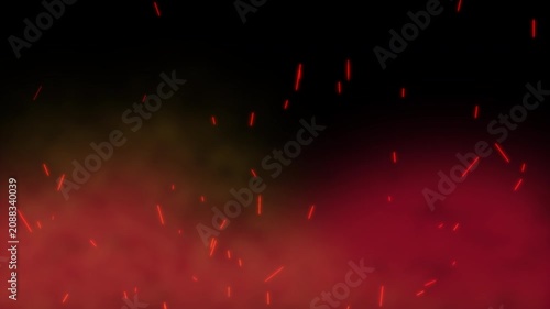 Abstract red and yellow smoke with rising fiery sparks on black background. Glowing red fire sparks flying upward over smoky haze. Floating ember particles and fiery red smoke animation overlay