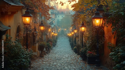 Cobblestone Street At Twilight With Glowing Lanterns And Lush Greenery In A Historic European Town