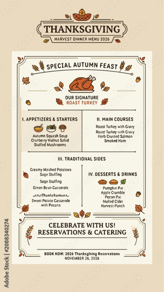 Naklejka premium Thanksgiving Harvest Dinner Menu Poster — Warm Amber Burnt Orange Autumn Feast Holiday Infographic Template 2026