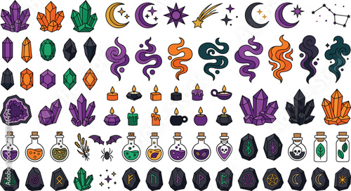 Halloween Magic Elements Collection Vector Set Featuring Crystals, Potion Bottles, Runes, Candles, Moon Symbols, Smoke, Gems and Witchcraft Icons