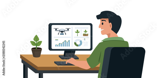 Person Using Computer for Agricultural Drone Analysis Illustration. Smart Farming Drone Data Analysis. Farmer Analyzing Agricultural Drone Data.