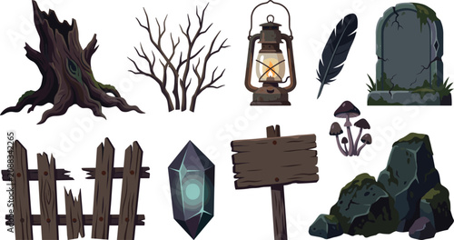 Spooky Halloween Nature Collection with Dead Tree Tombstone Lantern Crystal Wooden Signs Rocks and Haunted Forest Vector Elements