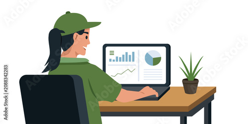 Woman Analyzing Business Data on Laptop Illustration. Female Professional Analyzing Financial Reports. Female Data Analyst Working on Laptop.